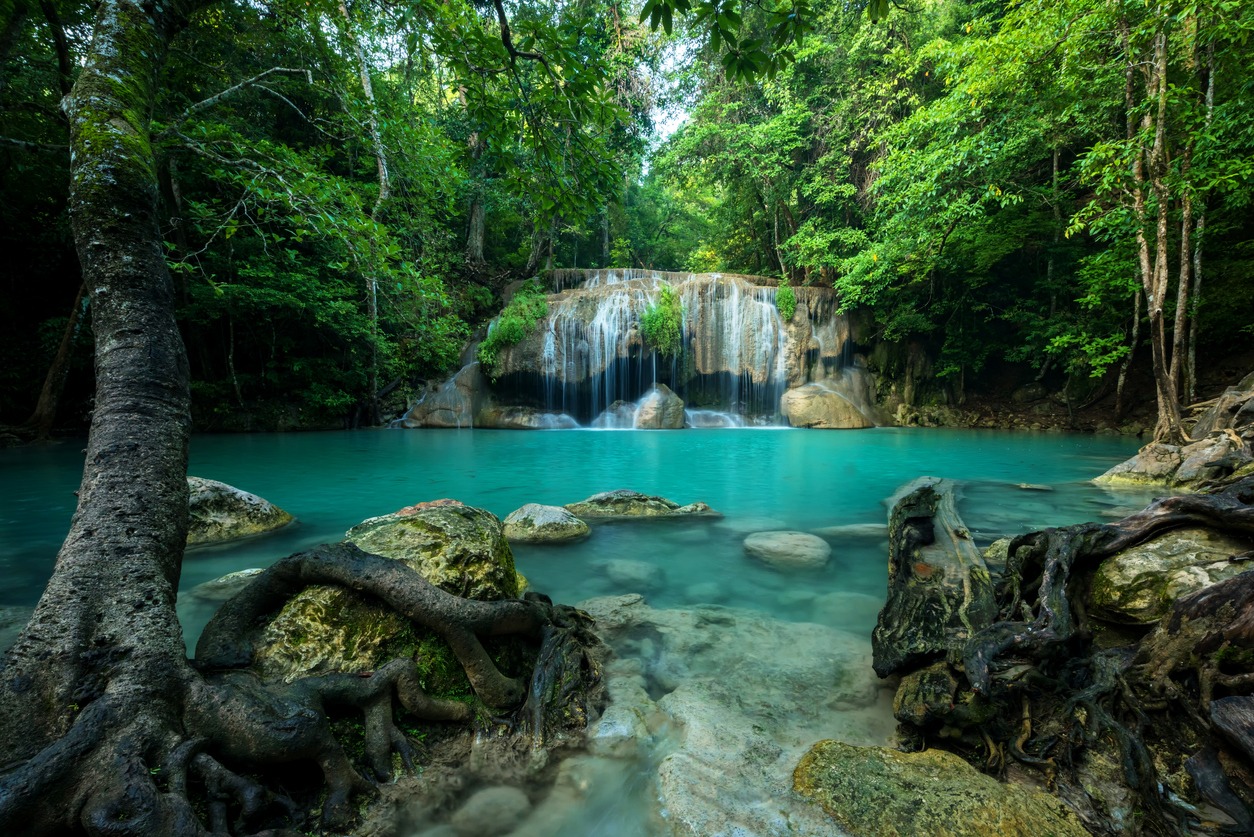 Erawan national park photos, waterfall photos, rainforest photos, fish photos, tropical climate photos, flowing photos, Thailand photos