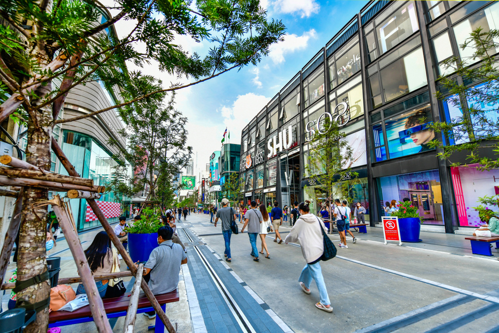 Bangkok, Thailand - 10 July 2022 :Siam Square, a new look, a unique low-rise shopping street in Bangkok. Landmark of fashion and lifestyle of the new generation