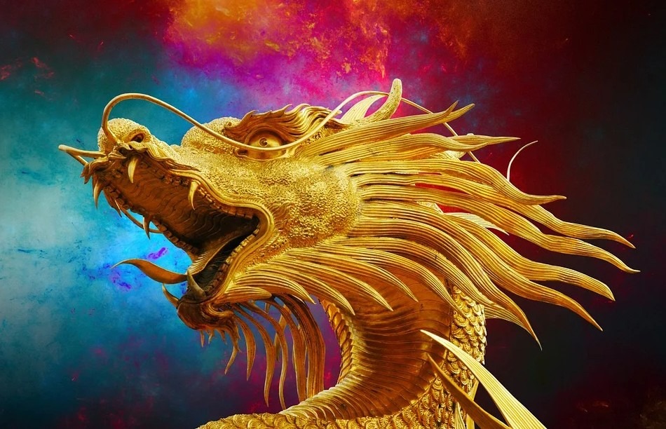 golden dragon statue, colorful smoke background